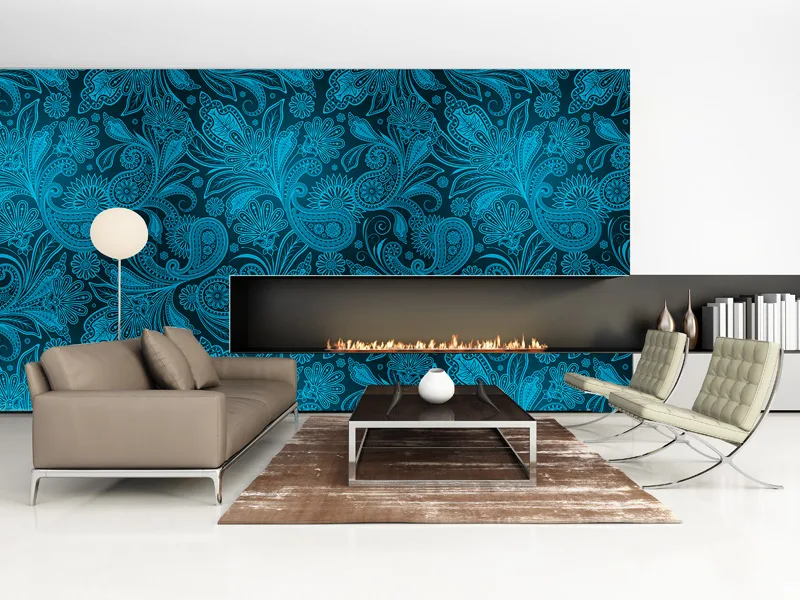 Digitally printed wall covering in a living-room interior