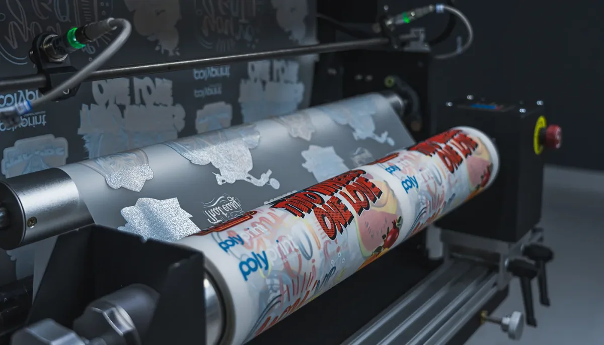 Printed DTF transfer film moving through a Polyprint Filmjet system