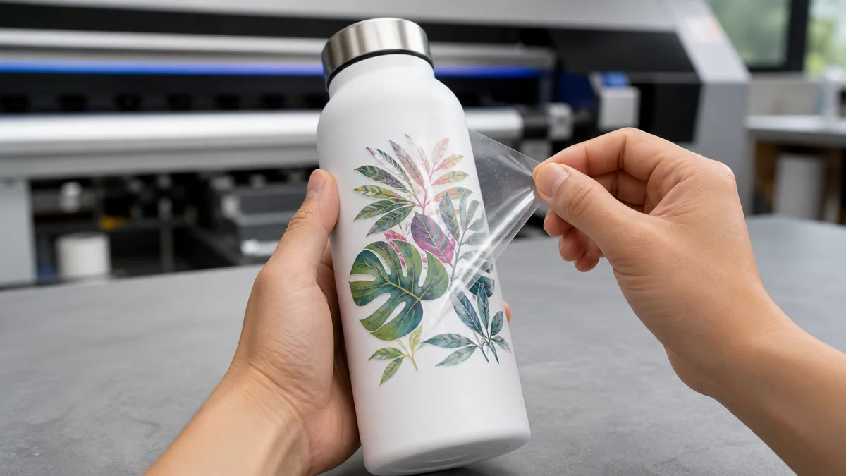 Illustration of a UV DTF decal being transferred onto a bottle